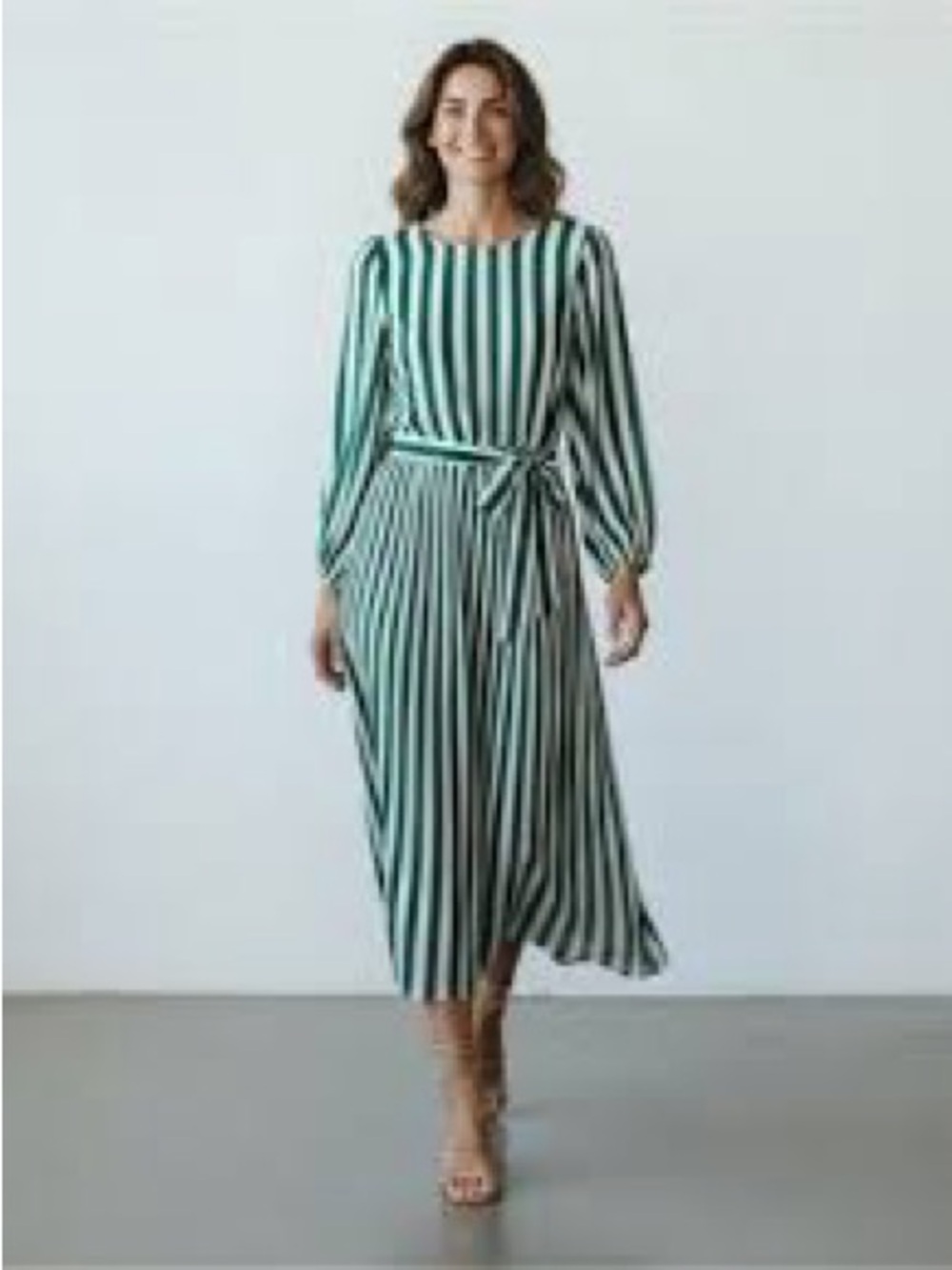 AYR Striped Long-Sleeve Midi Dress in Green and White flowy in M